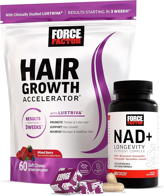 Bundle of FORCE FACTOR NAD+ + Force Factor Hair Growth Accelerator Soft Chews Mixed Berry 60 Soft Chews