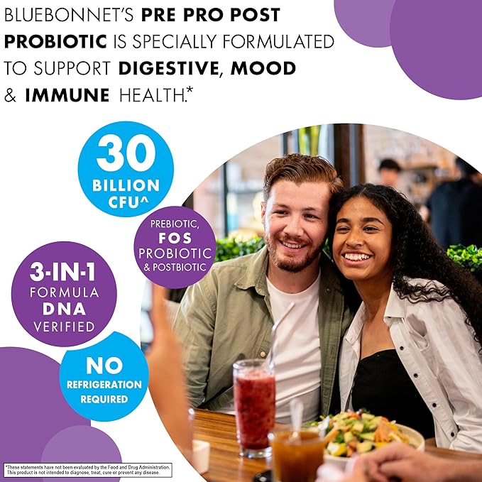 BlueBonnet Nutrition Pre Pro Post Probiotic 30 Billion CFU^ Shelf Stable – for Women &amp Men Digestion Gut Mood Immune* - Free of Dairy Gluten &amp Soy - Non-GMO - 30 Vegetable Capsules 30 Ser