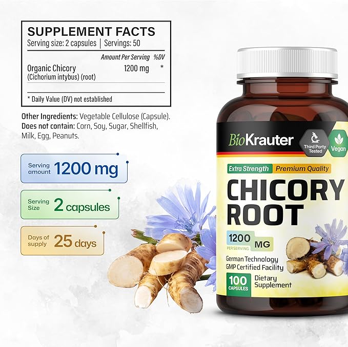 BIO KRAUTER® Chicory Root for Gut &amp Digestive Support - Pure Vegan Prebiotics &amp Fiber Supplement in Capsules 1200 mg per Serving 100 Count - No Fillers Non-GMO - 25 Days of Supply