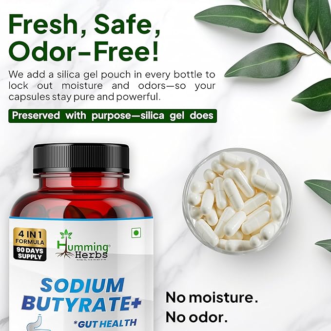 Humming Herbs Sodium Butyrate+ Capsules – 4-in-1 Digestive Support with L-Glutamine + Prebiotic Inulin + Probiotic Blend (10 Billion CFU) – Vegetarian (180)