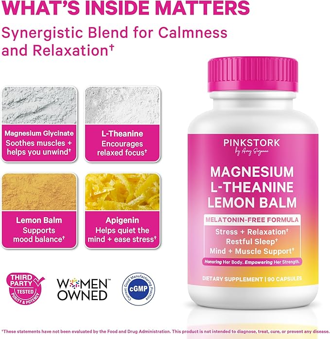 Pink Stork Magnesium Glycinate L-Theanine Lemon Balm - Melatonin-Free Magnesium for Sleep Support - Natural Calm and Relaxation - 90 Capsules