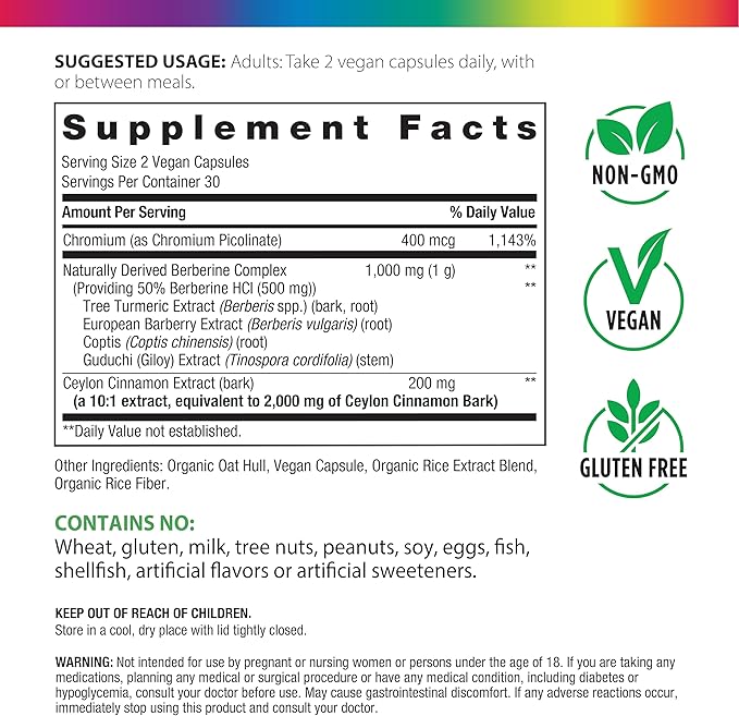 Rainbow Light Berberine Supplement with Ceylon Cinnamon | 60 Capsules | 1000mg | Plus Chromium | Sourced from 4 Potent Herbs