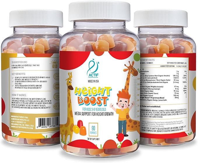 Actif Height Boost Mega Support for Kids 3-8 Years Old Height Growth with 10+ Factors 60 Gummies Strawberry Flavor Get Tall Fast Formula
