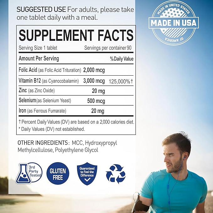 Vital Blood Boost - Dietary Supplement for White and Red Blood Cell Support - Iron with Selenium Zinc Vitamin B12 &amp Folic Acid - 90 Tablets x 3 Bottles 270 Day Supply