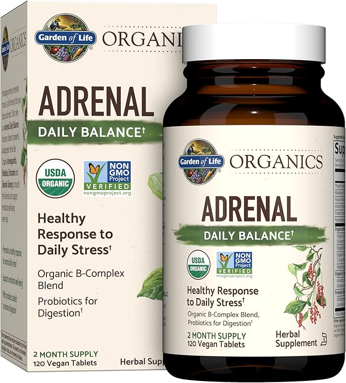 Garden of Life Organics Adrenal Daily Balance Adaptogenic Herbs Ashwagandha Holy Basil B Complex &amp Probiotics Organic Non-GMO Vegan Gluten Free Supplement Two Month Supply 120 Tablets