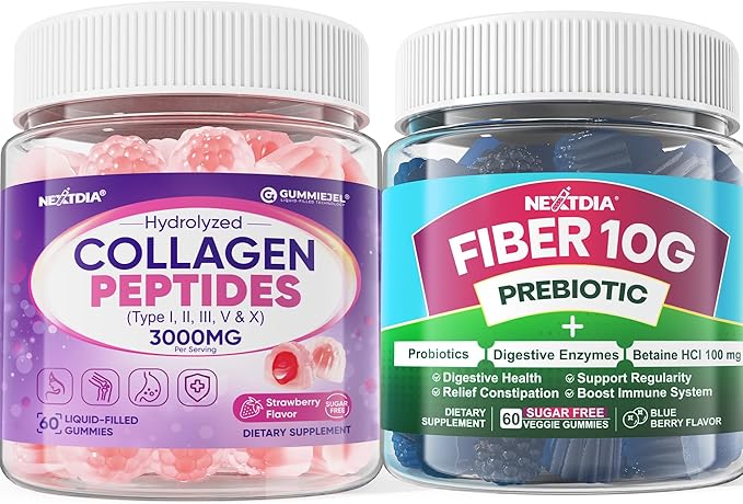 Sugar Free Collagen Peptide Filled Gummies 1 Pack + Fiber Gummies for Adults 2 Pack
