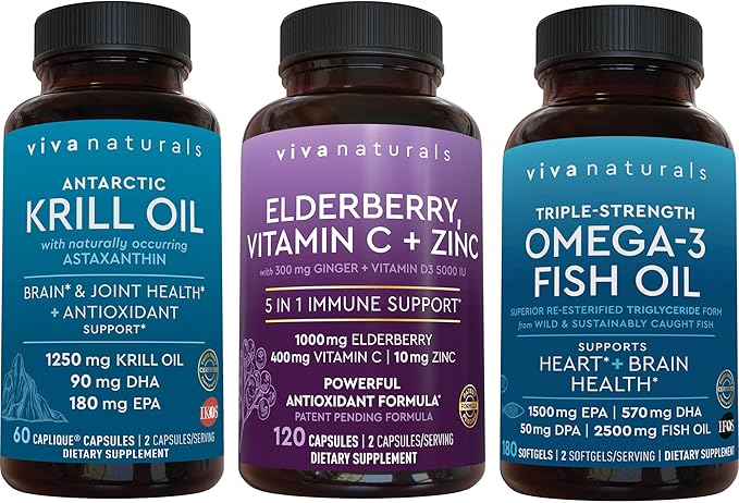 1250 mg Antarctic Krill Oil Elderberry Vitamin C &amp Zinc and 2500 mg Triple-Strength Omega 3 Fish Oil BundleProviding Omega 3 EPA and DHA Elderberry for Immune Support