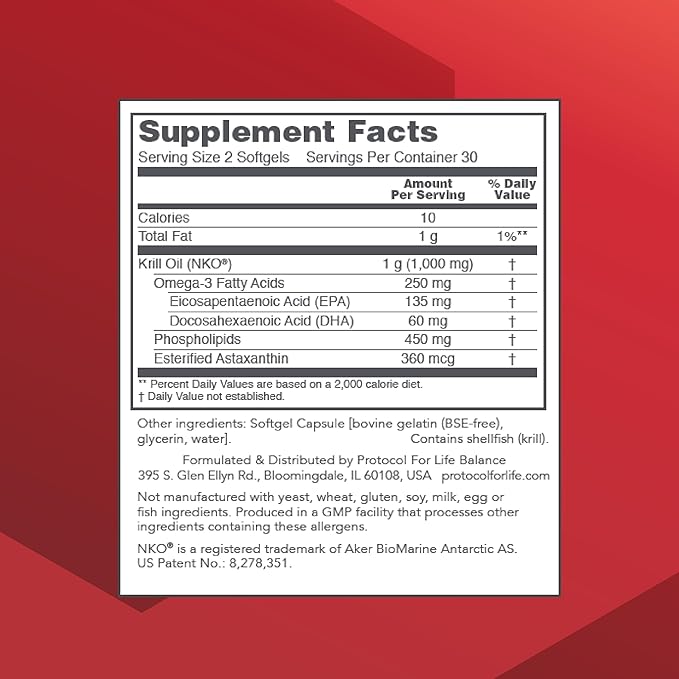 PROTOCOL FOR LIFE BALANCE Krill Oil 500mg - Krill Oil Supplement - DHA &amp EPA - with Astaxanthin - Supports Heart Brain Joints* - Non-GMO &amp Halal - 60 Softgels