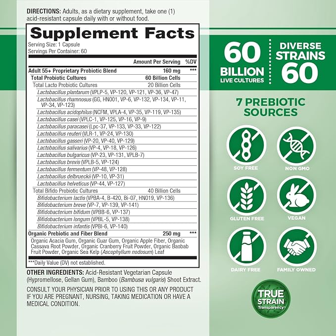 Vital Planet - Vital Flora Adults Over 55 Daily Probiotic 60 Billion CFU Diverse Strains Organic Prebiotics Immune Support Gas Relief Digestive Health Probiotics for Women and Men 60 Capsules