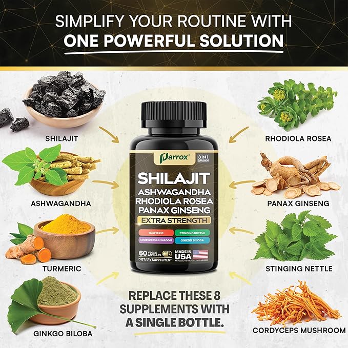 Shilajit Supplement Panax Ginseng Ashwagandha Rhodiola Rosea Cordyceps Mushroom Stinging Nettle Turmeric Gingko Biloba – Pure Shilajit All In One Supplements for Men and Women (120 Caps)