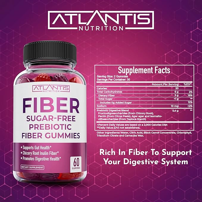 Atlantis Nutrition Sugar Free Fiber Gummies for Adults - 5G Fiber Supplement Formulated with 5.4G Prebiotic Digestive Blend/Serving - Supports Gut Health &amp Healthy Digestion - 2-Pack 120 Gummies