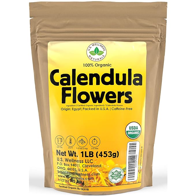 Calendula Tea 1LB (16Oz) 100% CERTIFIED Organic Whole Flower Herbal Tea (Calendula Officinalis) Caffeine Free in 1 lbs. Bulk Resealable BPA-free Bags from U.S. Wellness