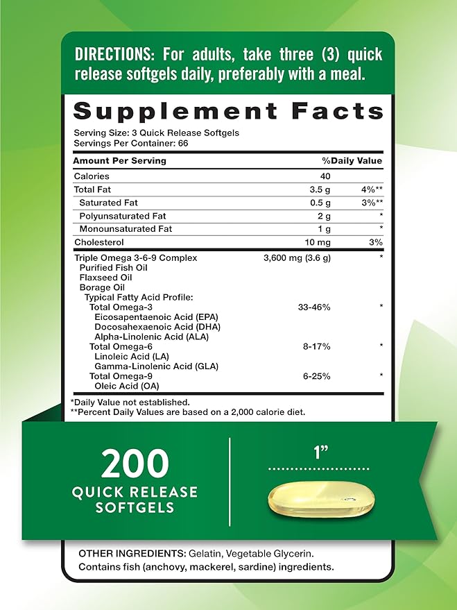Nature's Truth Triple Omega 3 6 9 | 3600mg | 200 Softgels | Fish Flax and Borage Oils | Non-GMO &amp Gluten Free Supplement