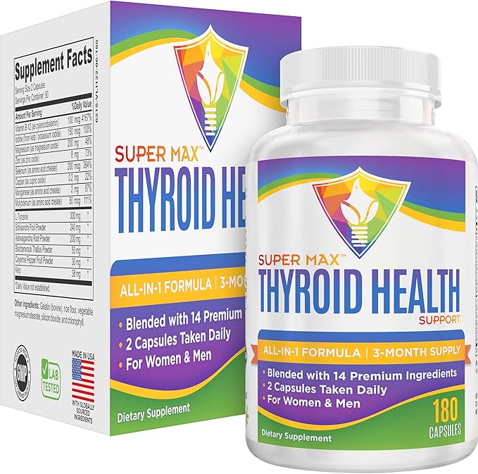 Thyroid Support (3-Month) Supplement All-in-1 with 14 Active Ingredients in 1 Formula | Thyroid Health Support Supplements | Women &amp Men | 90-Day Bulk Supply | 180 Capsules