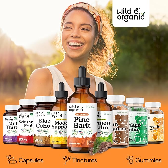 Wild &amp Organic Pine Bark Drops - Antioxidant Support - French Maritime Pine Bark Extract Tincture - 5-Month Supply - Pinus Pinaster Supplement - Vegan Sugar &amp Alcohol-Free - 4 fl oz