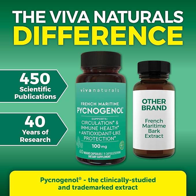 Viva Naturals Pycnogenol - 100mg French Maritime Pine Bark Extract – Supports Circulation Antioxidant-Like Activity Joints &amp Immune Health and Function – 60 Veggie Capsules