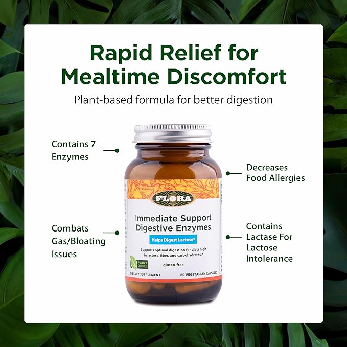 Flora - Enzyme Blend of Seven Vegetarian Enzymes Supports Optimal Digestion of Proteins Fast Carbs Fiber and Complex Sugars Provides Relief from Lactose Intolerance 60 Vegetarian Capsules