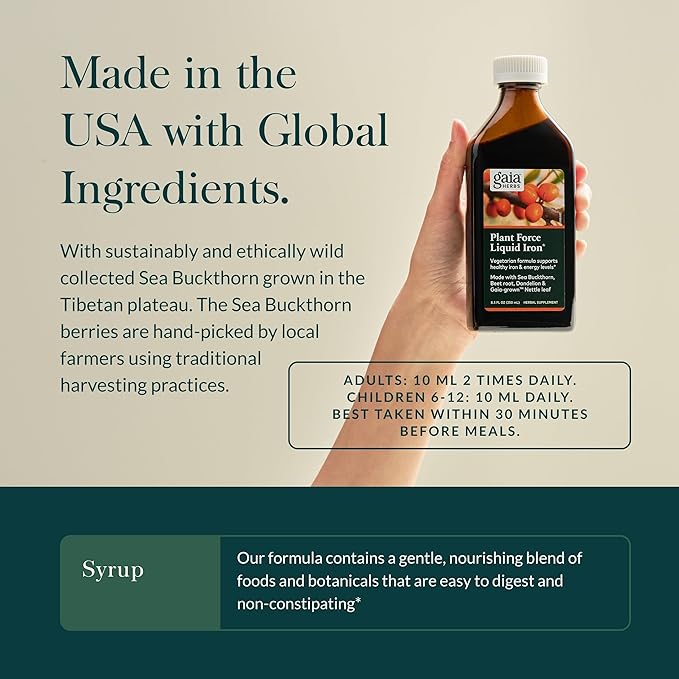 Gaia Herbs Plant Force Liquid Iron - Vegetarian Iron Supplement to Help Maintain Healthy Iron &amp Energy Levels - with Star Anise Sea Buckthorn Beet Root Dandelion &amp Nettle - 8.5 Fl Oz (25 Se