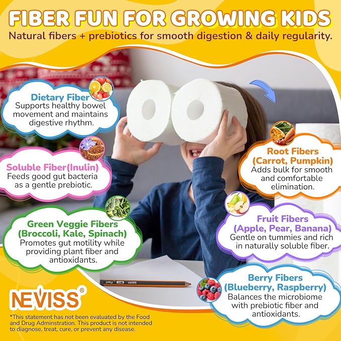 Kids Probiotic + Prebiotic Fiber Gummies 5G 12 Billion CFU Probiotic &amp Veggie Fruit Fiber w/ Organic Inulin Methyl B12 B6 D3 C Lutein for Children's Digestive &amp Gut Immune Health Sugar F