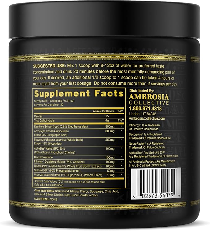 Ambrosia Mental Jewels Nootropic Brain Supplement Powder | Alpha GPC Bacopa &amp Phosphatidylserine | Memory Focus &amp Concentration Support | 30 Servings | Cherry Limeade
