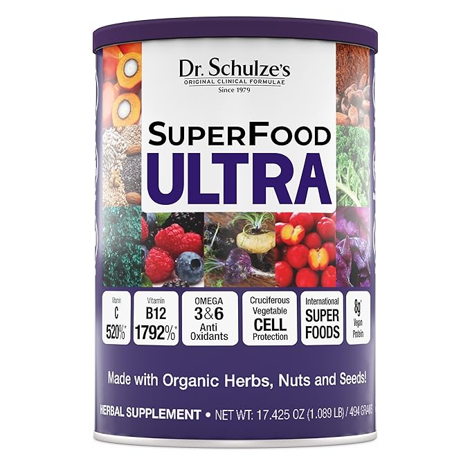 Dr. Schulze's SuperFood Ultra | Organic Super Food Powder | Vitamin B Complex and 520% Vitamin C | May Help Boost Energy &amp Improve Fitness | Vegan Non-GMO &amp Gluten-Free | 17.4 Oz