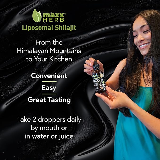 Maxx Herb Pure Himalayan Shilajit – Liquid Liposomal Formula with Black Pepper BioPerine &amp Cacao - Energy Boost &amp Immune Support 85+ Trace Minerals 20% Fulvic Acid – 4 Oz Bottle (60 Servings