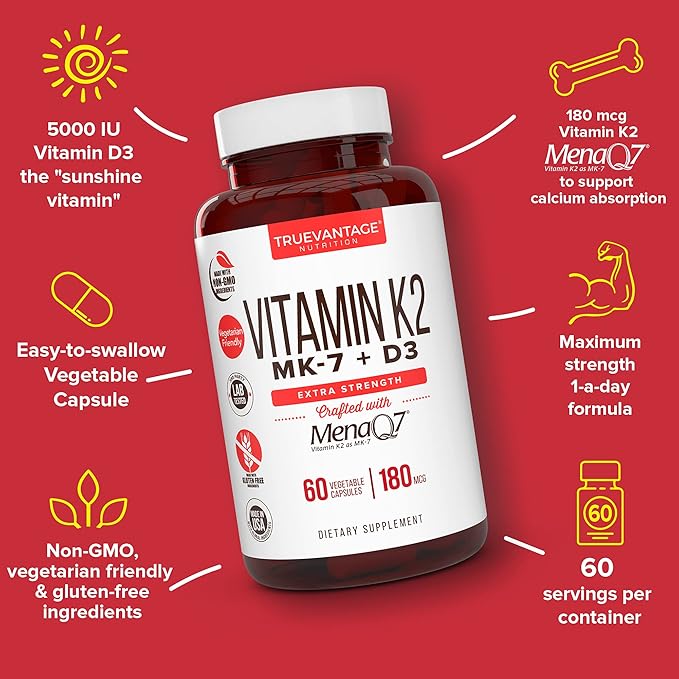Vitamin K2 D3 Supplement 5000 IU D3 and 180 mcg Vitamin k2 MK7 Supplement for Healthy Bones Healthy Heart &amp Cardiovascular Health-60 Easy to Swallow Vegetable caps of MenaQ7 K2 MK7