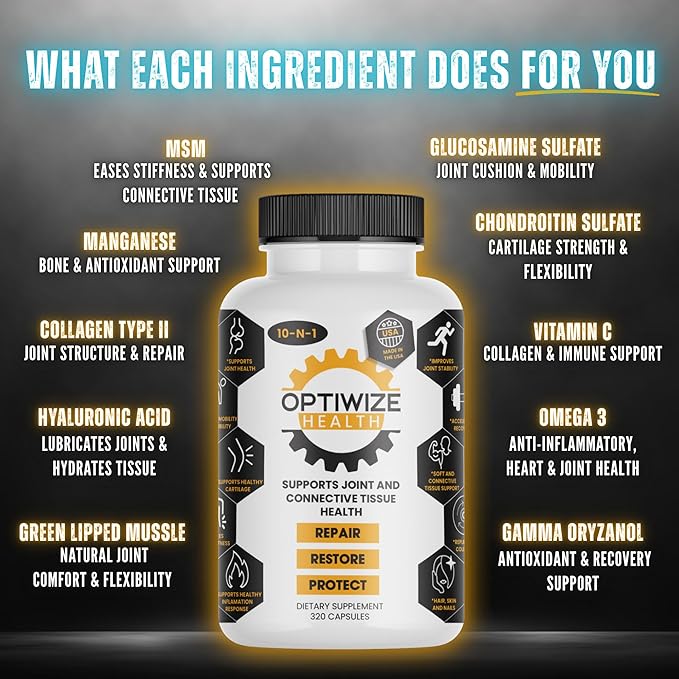 OptiWize 10-N-1 Joint Support Hydrolyzed CollagenMSM Hyaluronic Acid GlucosamineChondroitin &amp More- Targets Joint Discomfort Improves Mobility &amp Flexibility 320 Caps for Men &amp Women M