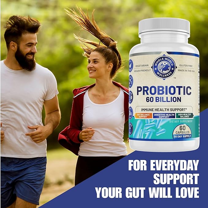 Probiotic 60 Billion CFU/g | Immune Digestive &amp Gut Health Support | Supports Constipation Gas &amp Bloating | All Natural Dairy Free Soy Free | 60 Capsules | Made in The USA.