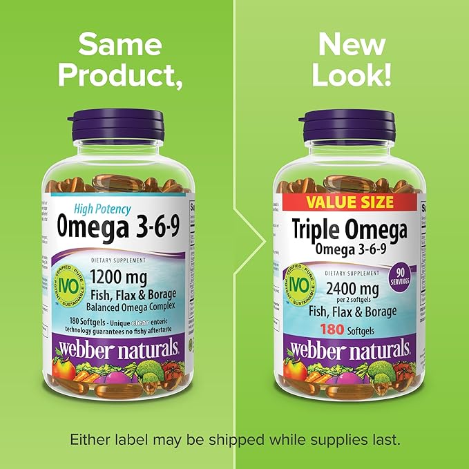 Webber Naturals Triple Omega 3-6-9 2400 mg Fish Oil Per Serving High Potency 180 Softgels No Fishy Aftertaste Ultra-Purified for Heart Brain and Cardiovascular Health Shellfish-Free