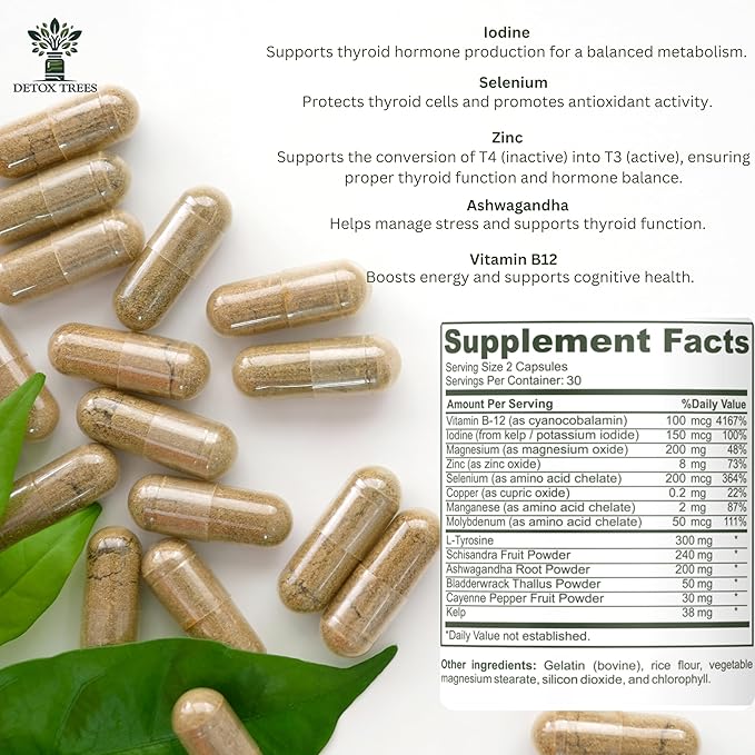 Thyroid Health Formula for Overall Well-Being &amp Metabolism with L-Tyrosine Iodine Zinc B12 Selenium &amp Ashwagandha - Non-GMO Support for Men &amp Women 60 Capsules
