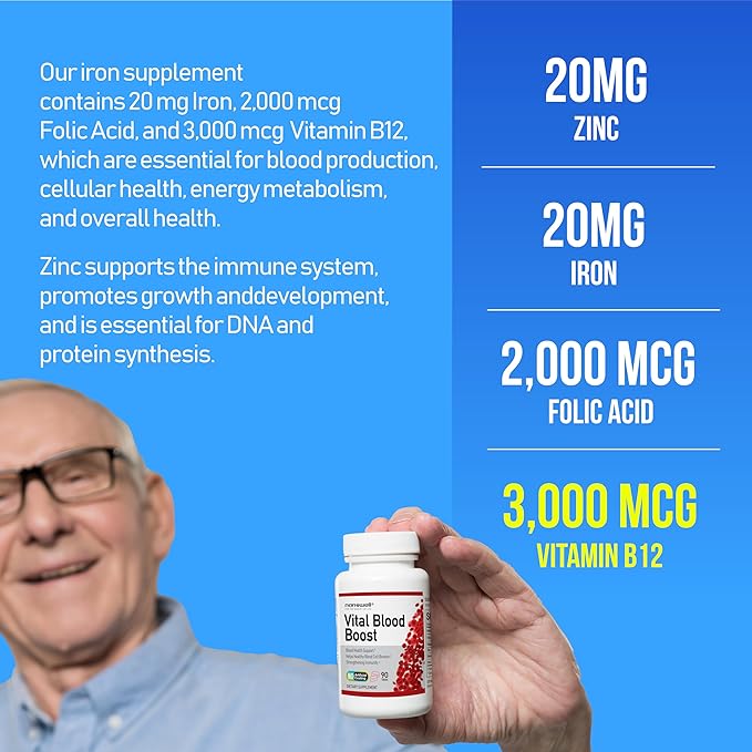Vital Blood Boost - Dietary Supplement for White and Red Blood Cell Support - Iron with Selenium Zinc Vitamin B12 &amp Folic Acid - 90 Tablets x 3 Bottles 270 Day Supply