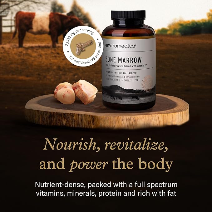 Enviromedica Bone Marrow Supplement – Grass-Fed New Zealand Beef Bone Marrow MCHA Bovine Cartilage Collagen Freeze-Dried Vitamin K2 MK7 120 Capsules