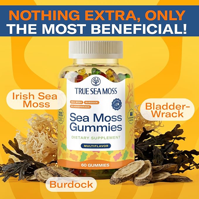 TrueSeaMoss Irish Sea Moss Gummies with Burdock Root &amp Bladderwrack – Formula for Adults &amp Kids – 60 Gummies (Packaging May Vary)