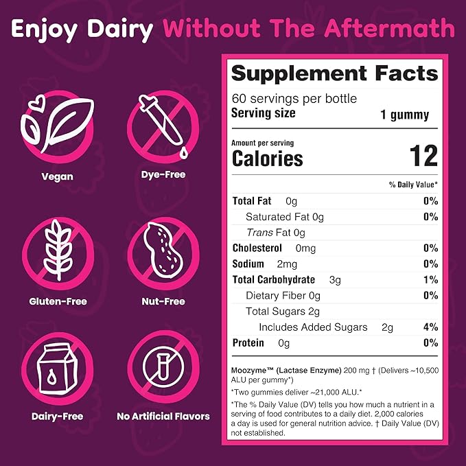 Lactase Enzyme Gummies 9000+ FCC 60 Count – Digestive Enzyme Supplement for Dairy Foods Chewable Lactase Support Vegan Kosher Made in USA | Moozyme™