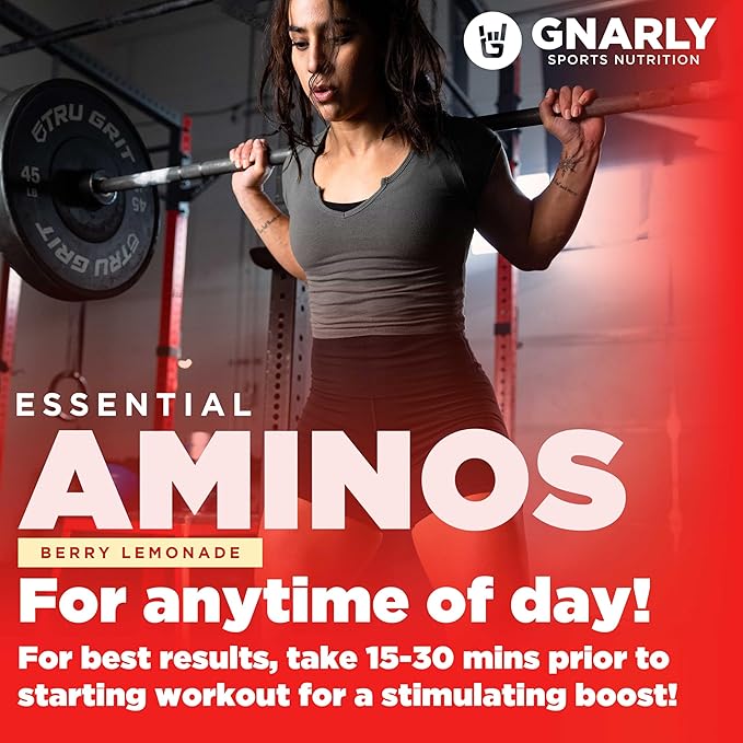 Gnarly Nutrition Essential Aminos Powder Berry Lemonade – Pre-Workout Amino Acids – NSF Contents Certified – Supplement to Support and Rebuild Muscle – Berry Lemonade Caffeine Free 10.58 oz