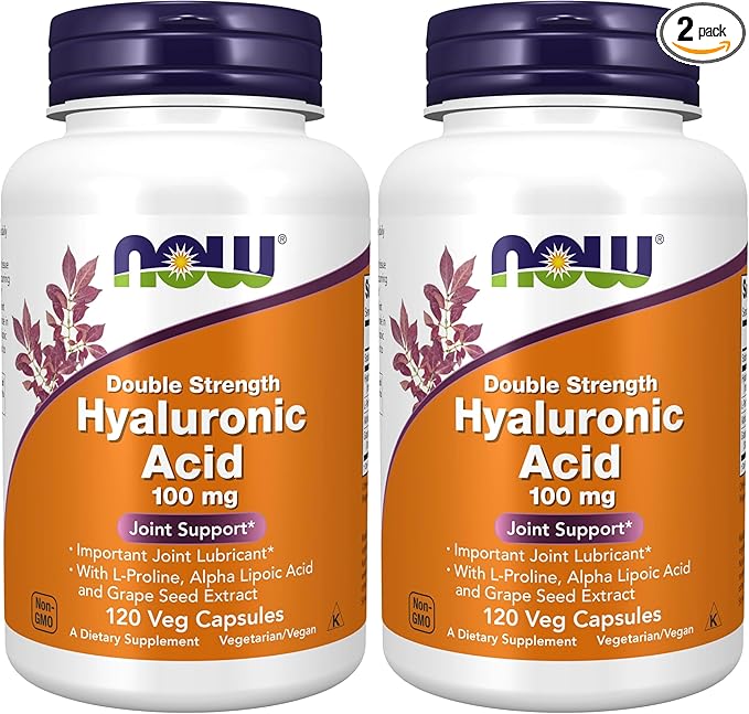 NOW Foods Supplements Hyaluronic Acid 100 mg Double Strength with L-Proline Alpha Lipoic Acid and Grape Seed Extract 120 Veg Capsules (Pack of 2)