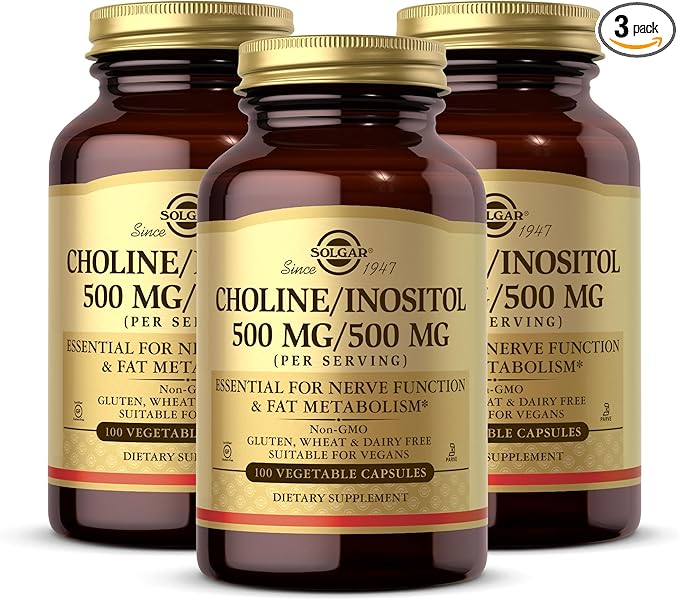 Solgar Choline/Inositol 500 mg/500 mg 100 Vegetable Capsules (Pack of 3) - Energy Metabolism Liver Health Essential for Brain &amp Nerve Function - Non-GMO Vegan Kosher - 150 Total Servings