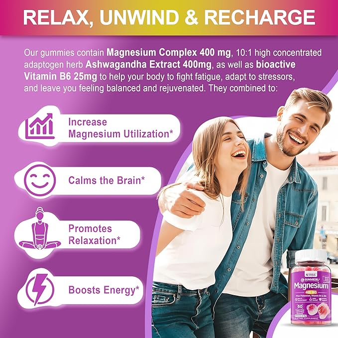 Magnesium Gummies 400mg | 5-in-1 Magnesium Complex for Women &amp Men: Mag Glycinate Citrate Malate Chloride &amp Taurate | w/Ashwagandha D3 &amp Zinc for Relaxtion MoodEnergy | Sugar-Free V