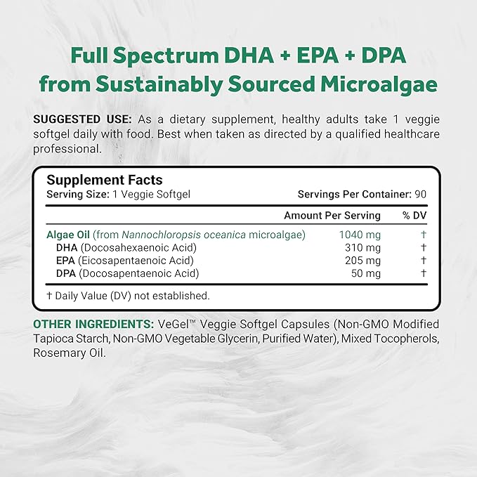Naturalis Double Strength Vegan Omega 3 DHA EPA &amp DPA from Microalgae | Vegan Society Certified Sustainably Sourced True Full Spectrum | 90 Veggie Softgels (Carrageenan Free)