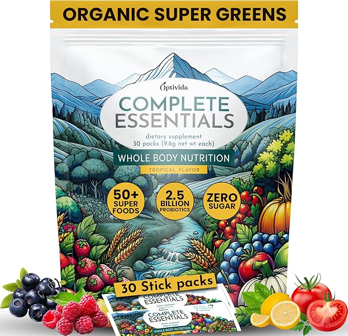 OPTIVIDA Fruits &amp Veggie Mix Super Greens Powder Packets (30 Days)- 50+ Superfood Green Juice Powder &amp Greens Supplements W/Probiotic Antioxident Digestive Enzymes &amp Adaptagen Blends for