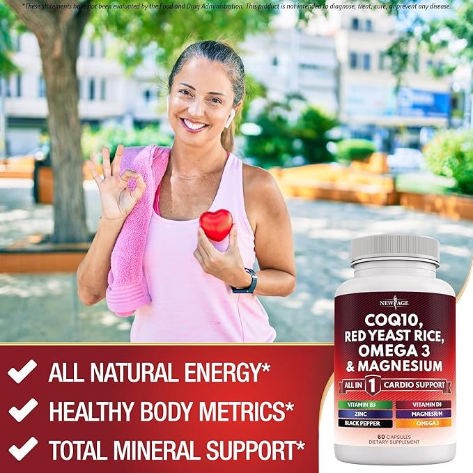 NEW AGE COQ10 200mg Red Yeast Rice Omega 3-6-9 Magnesium Complex Zinc Vitamin K2 D3 - Support Vitamins for Women and Men with Vitamin B3 Coenzyme Q10-180 Count