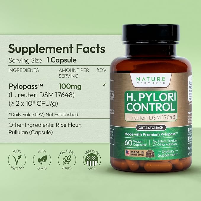 H Pylori Control - with Pylopass™ - Lactobacillus Reuteri DSM 17648-60 Capsules - 200 Billion CFU/g - Supports Stomach &amp Gut Health - GMP - Additive Free