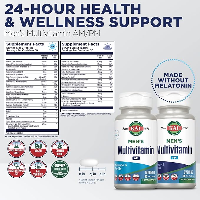 KAL Men's Multivitamin AM/PM Antioxidants Supplement Muscle Immune Electrolyte Balance Overall Wellness Support Made Without GMOs and Soy Vegan 30 Servings 120 Tablets