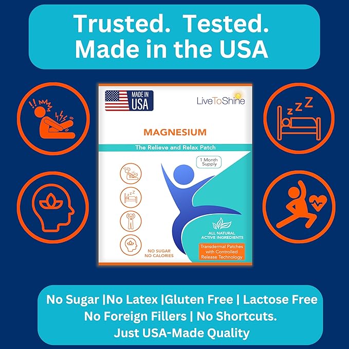 Magnesium Patches for Men and Women - Sleep Support &amp Relaxation Muscle Recovery Nerve Function - USA Made - 30 Premium Fast-Acting Slow-Release Patches - Live To Shine