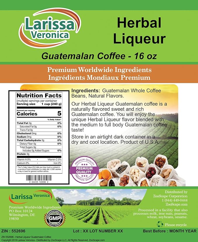 Herbal Liqueur Guatemalan Coffee (Gourmet Naturally Flavored Whole Coffee Beans) (16 oz ZIN: 552696)