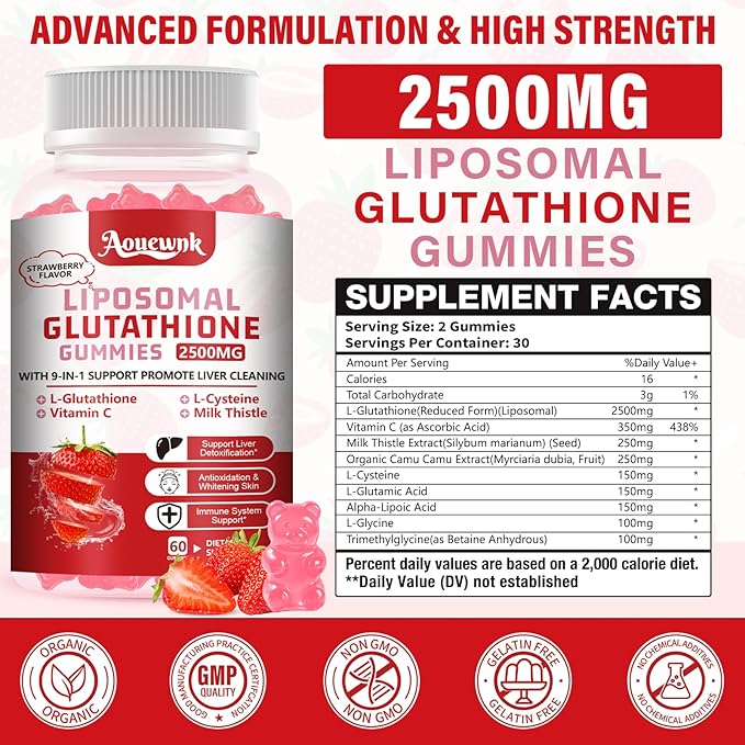 2 Packs 2500MG Liposomal Glutathione Gummies Supplement - Support Skin &amp Liver Function 98% Bioavailability with L-Glutathione &amp Milk Thistle to Support Antioxidant &amp Enhance Immunity