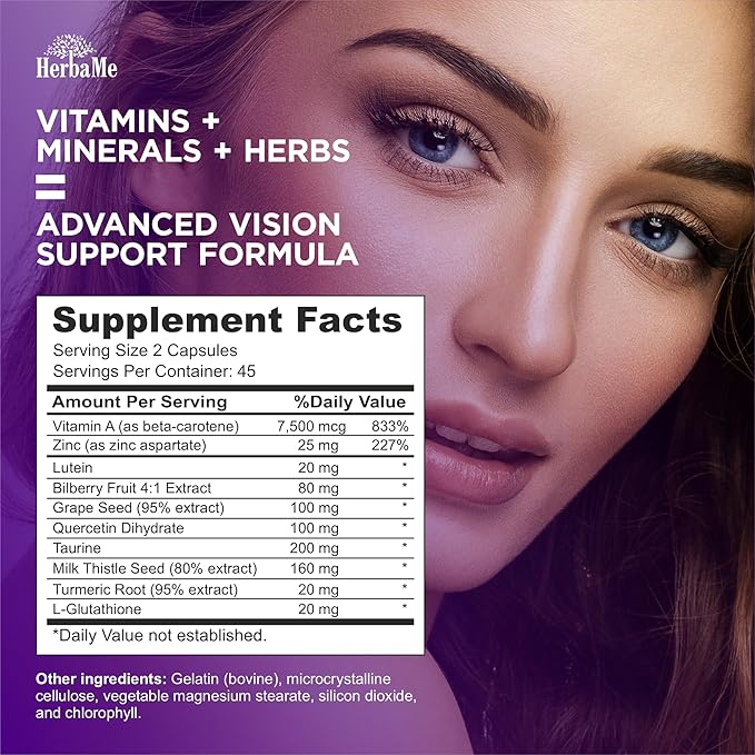 HerbaMe Eye Vitamins Supplement with Lutein Bilberry Beta Carotene L-Taurine Zinc and Quercetin 90 Capsules Supports Vision Ocular and Macular Health Helps Eyes Filter Blue Light