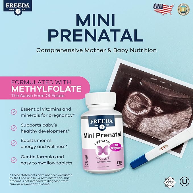 FREEDA Mini Prenatal Vitamin - Kosher Prenatals -Tiny Easy to Swallow Tablets - Prenatal Vitamins with Iron Prenatal Folic Acid/Folate Vitamin D - Pre Natal Multivitamin for Pregnant Women (120)