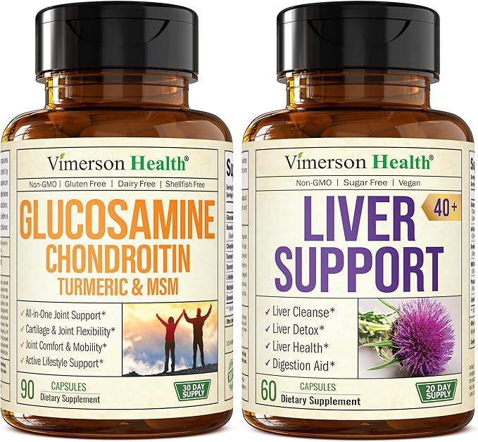 Vimerson Health Glucosamine Chondroitin MSM with Turmeric Boswellia &amp Liver Cleanse Detox &amp Repair 40+ Liver Supplement with 50% Silymarin Milk Thistle Extract for Joint and Liver Support